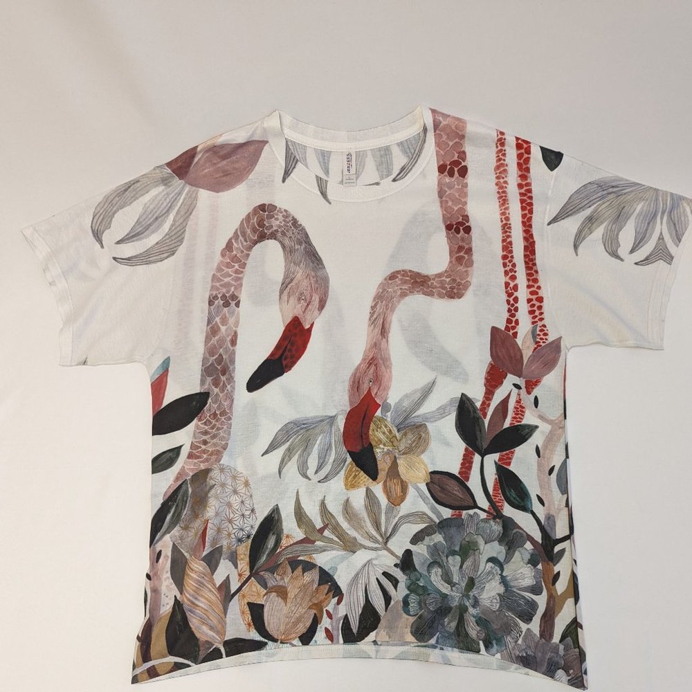 Jerzees Unique Flamingo Graphic T-Shirt White Crew Neck Men's Unisex Size Large